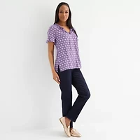 Liz Claiborne Womens Split Tie Neck Short Sleeve Blouse