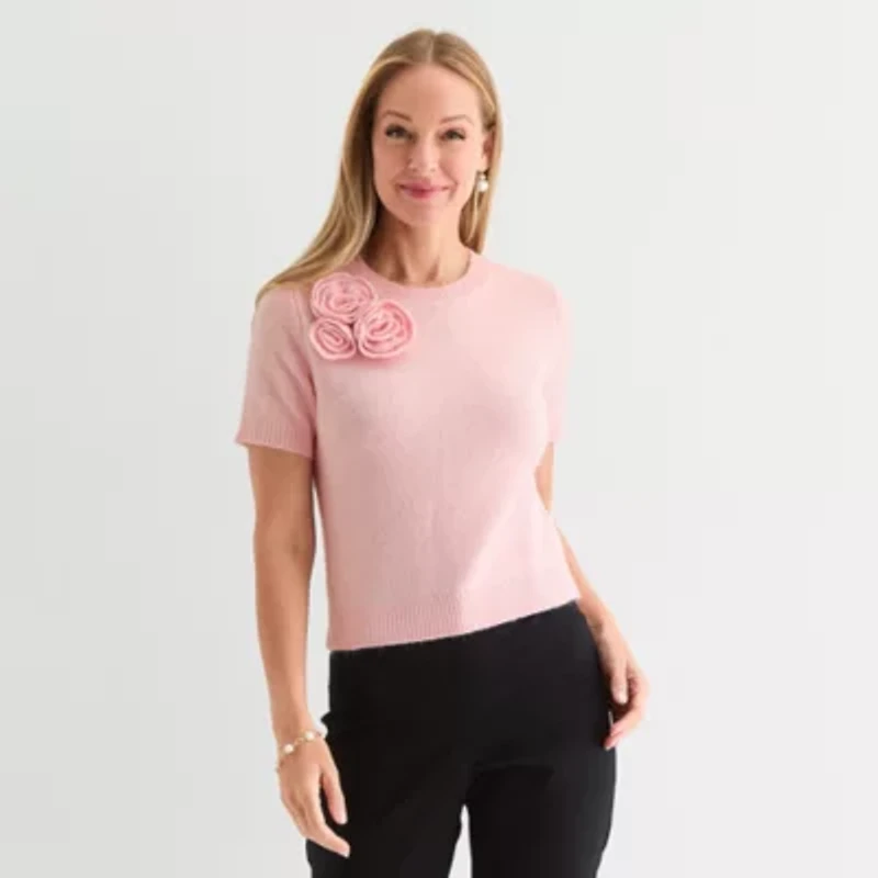 Liz Claiborne Womens Crew Neck Short Sleeve Pullover Sweater