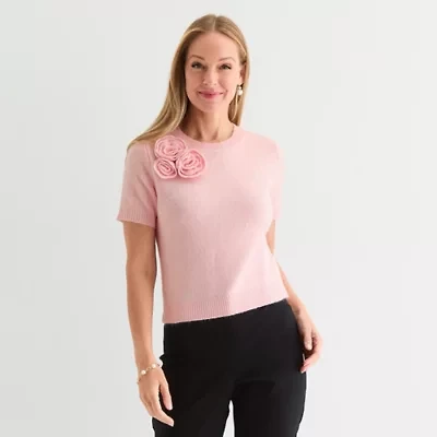 Liz Claiborne Womens Crew Neck Short Sleeve Pullover Sweater