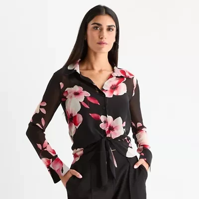 Bold Elements Womens Split Tie Neck Long Sleeve Fitted Regular Fit Button-Down Shirt