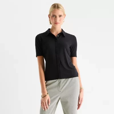 Worthington Womens Fitted Short Sleeve Regular Fit Button-Down Shirt