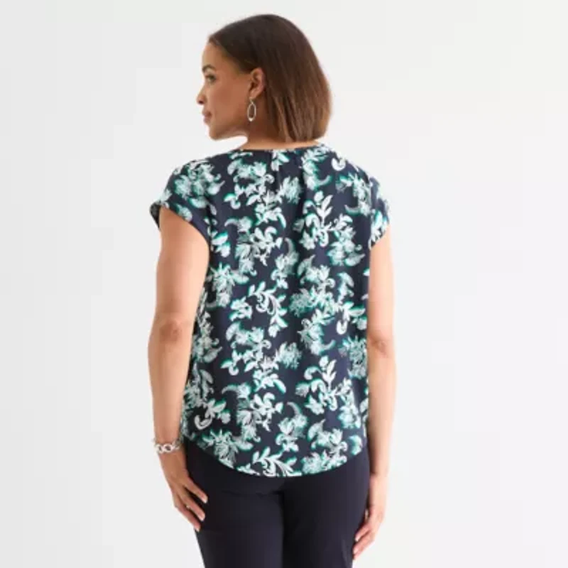 Liz Claiborne Womens Crew Neck Short Sleeve Satin Blouse