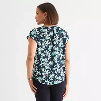 Liz Claiborne Womens Crew Neck Short Sleeve Satin Blouse