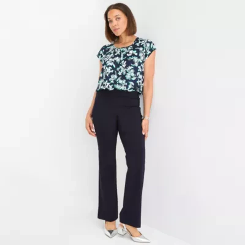Liz Claiborne Womens Crew Neck Short Sleeve Satin Blouse
