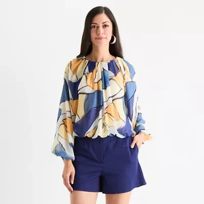 Worthington Womens Crew Neck Long Sleeve Blouse