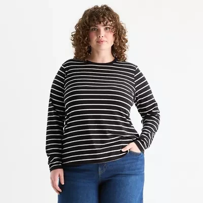 a.n.a Womens Round Neck Long Sleeve Plus T-Shirt