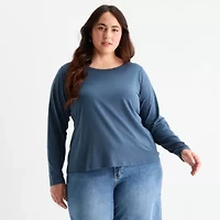 a.n.a Womens Plus Round Neck Long Sleeve Adaptive T-Shirt