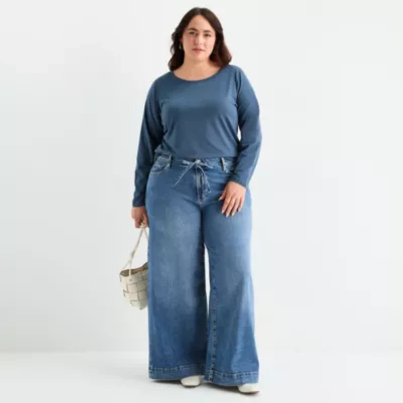 a.n.a Womens Plus Round Neck Long Sleeve Adaptive T-Shirt