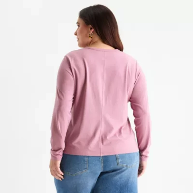 a.n.a Womens Round Neck Long Sleeve Plus T-Shirt