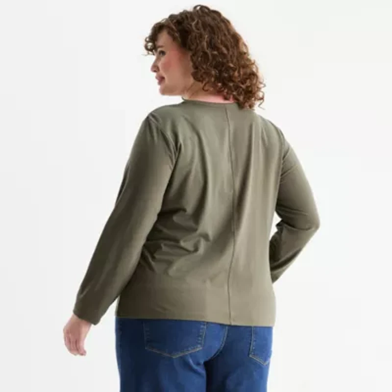 a.n.a Womens Plus Round Neck Long Sleeve T-Shirt
