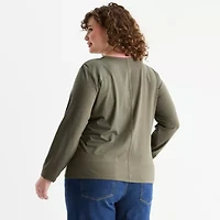 a.n.a Womens Plus Round Neck Long Sleeve T-Shirt