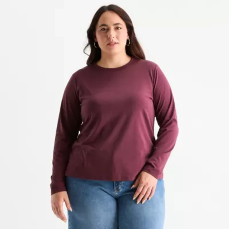a.n.a Womens Plus Round Neck Long Sleeve T-Shirt
