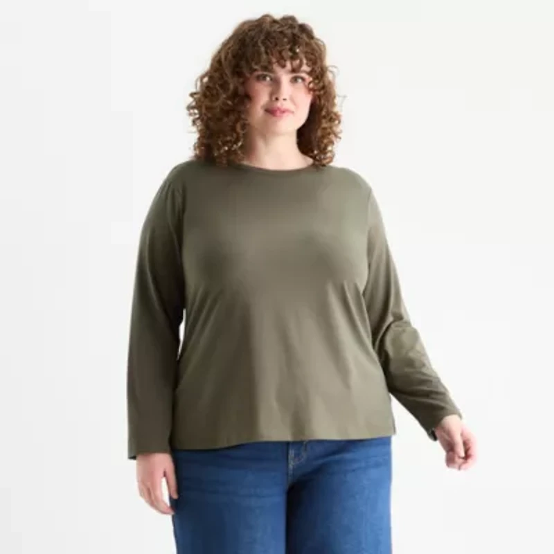 a.n.a Womens Plus Round Neck Long Sleeve T-Shirt