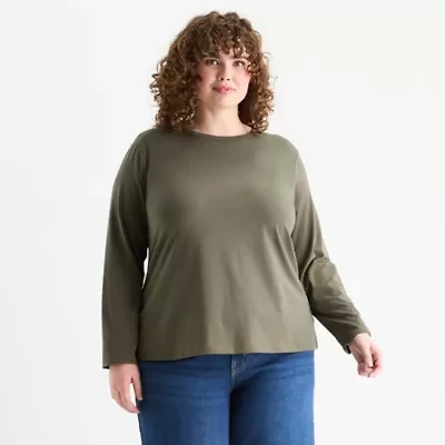 a.n.a Womens Plus Round Neck Long Sleeve T-Shirt