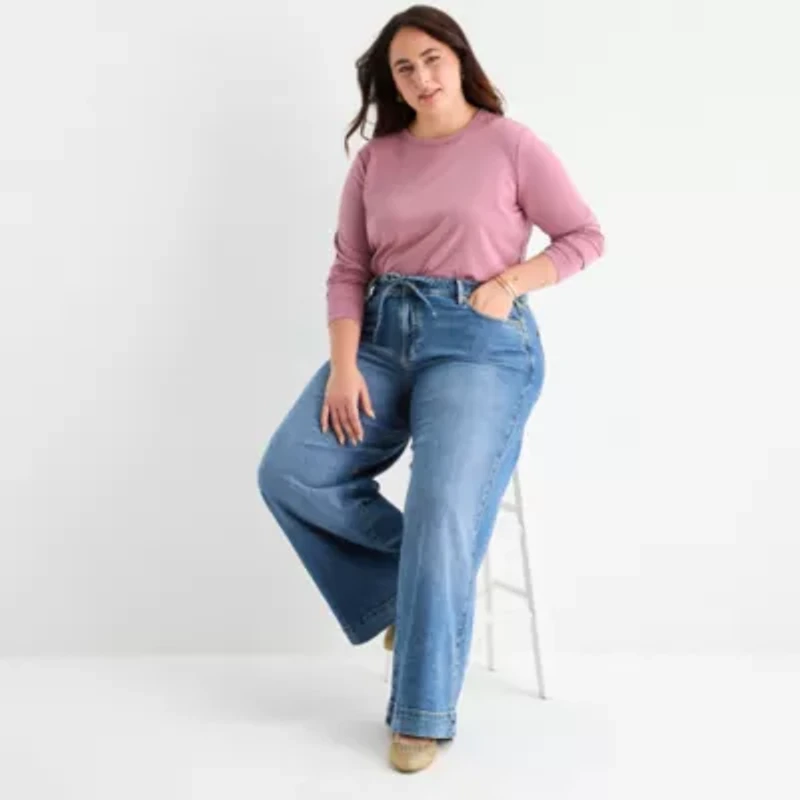 a.n.a Womens Plus Round Neck Long Sleeve T-Shirt