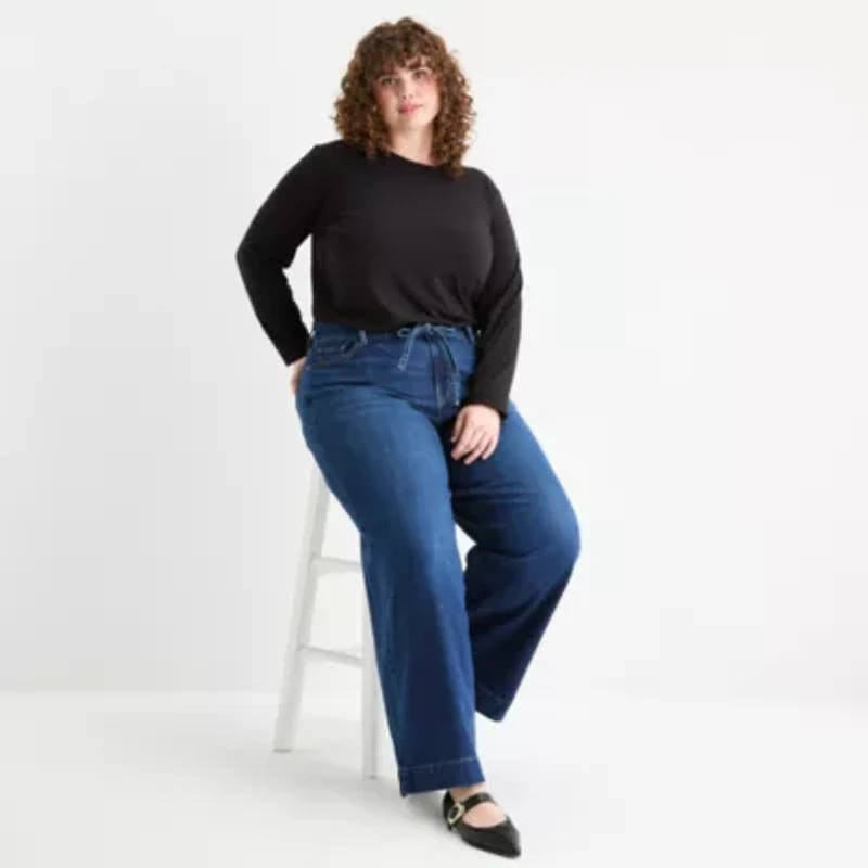 a.n.a Womens Plus Round Neck Long Sleeve T-Shirt