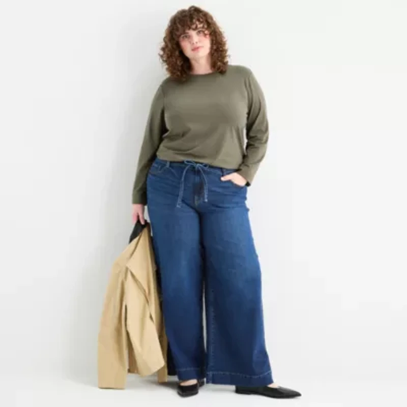 a.n.a Womens Plus Round Neck Long Sleeve T-Shirt