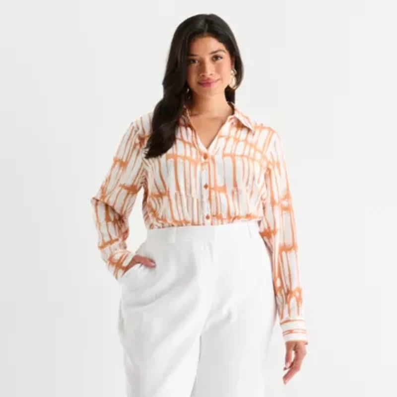 Worthington Womens Plus Long Sleeve Satin Blouse