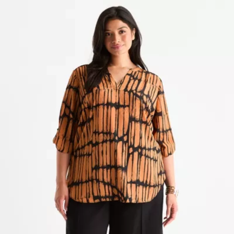 Worthington Womens Plus V Neck 3/4 Sleeve Blouse