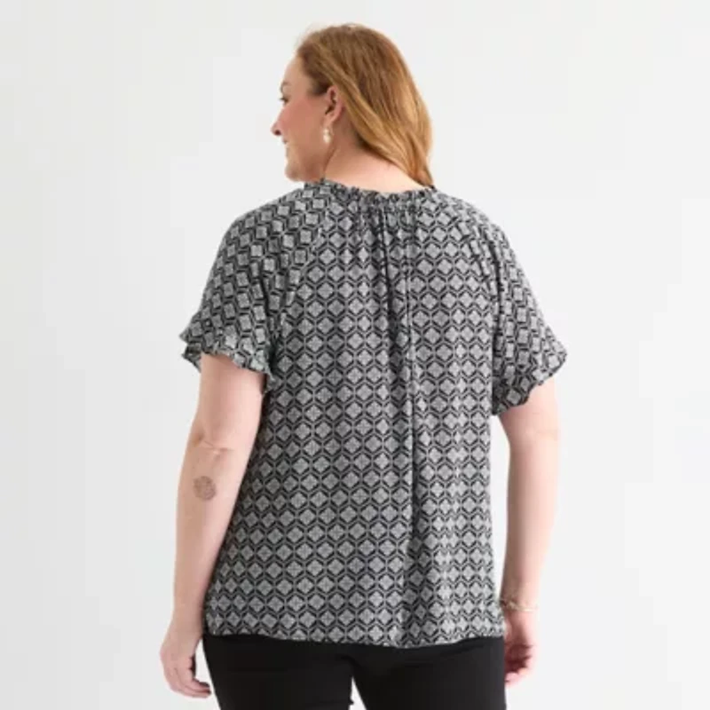 Liz Claiborne Womens Split Tie Neck Short Sleeve Plus Blouse