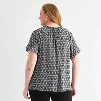 Liz Claiborne Womens Split Tie Neck Short Sleeve Plus Blouse