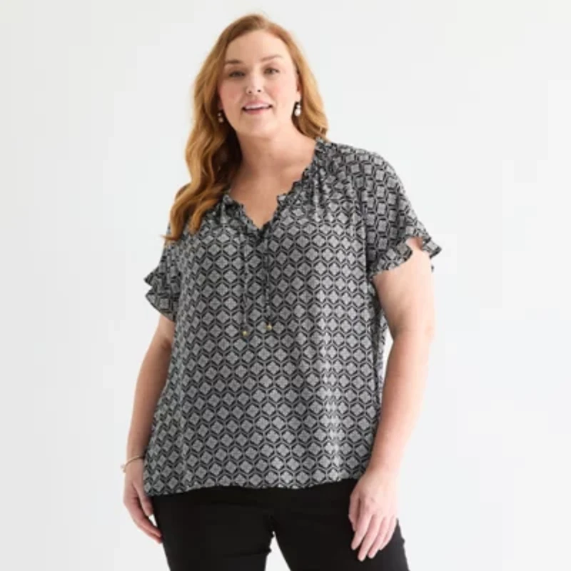 Liz Claiborne Womens Split Tie Neck Short Sleeve Plus Blouse