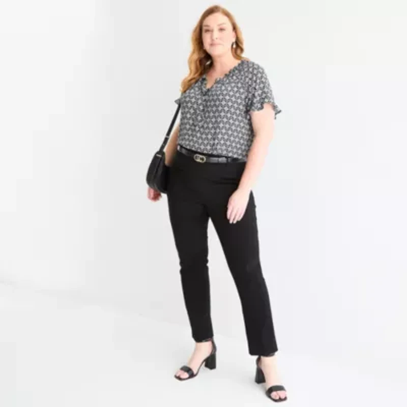 Liz Claiborne Womens Split Tie Neck Short Sleeve Plus Blouse