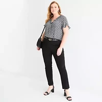 Liz Claiborne Womens Split Tie Neck Short Sleeve Plus Blouse
