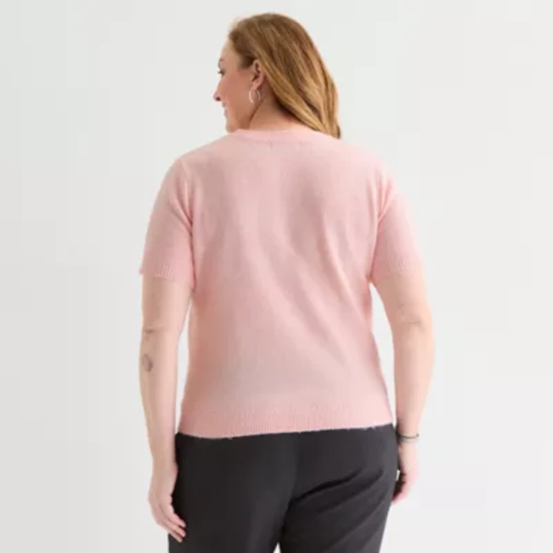 Liz Claiborne Plus Womens Crew Neck Short Sleeve Pullover Sweater