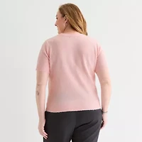 Liz Claiborne Plus Womens Crew Neck Short Sleeve Pullover Sweater