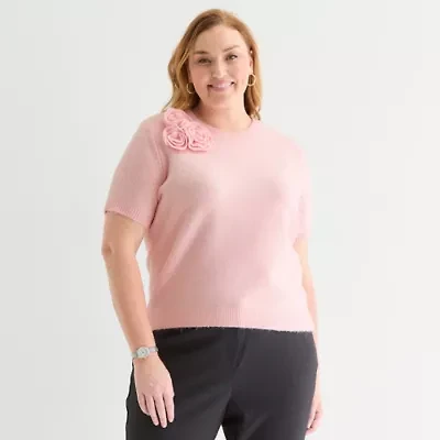 Liz Claiborne Plus Womens Crew Neck Short Sleeve Pullover Sweater