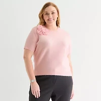 Liz Claiborne Plus Womens Crew Neck Short Sleeve Pullover Sweater