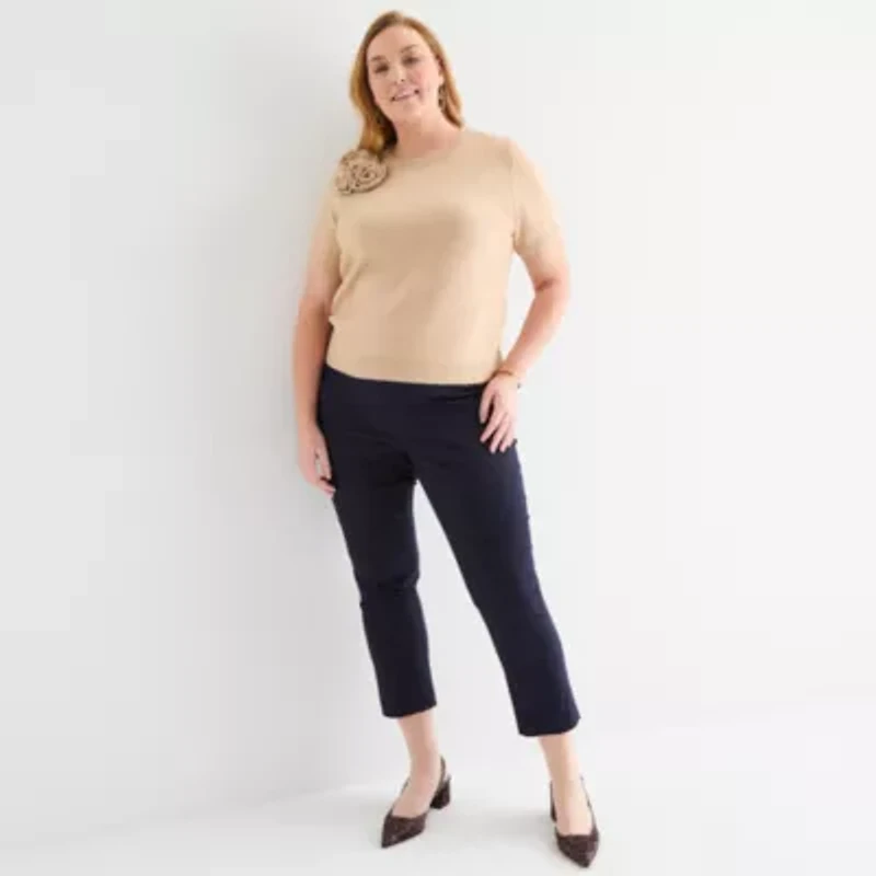 Liz Claiborne Plus Womens Crew Neck Short Sleeve Pullover Sweater