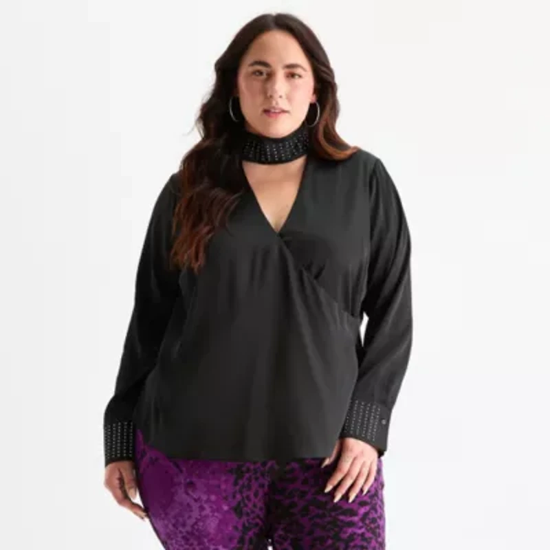 Bold Elements Womens V Neck Long Sleeve Satin Plus Blouse