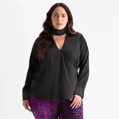 Bold Elements Womens V Neck Long Sleeve Satin Plus Blouse