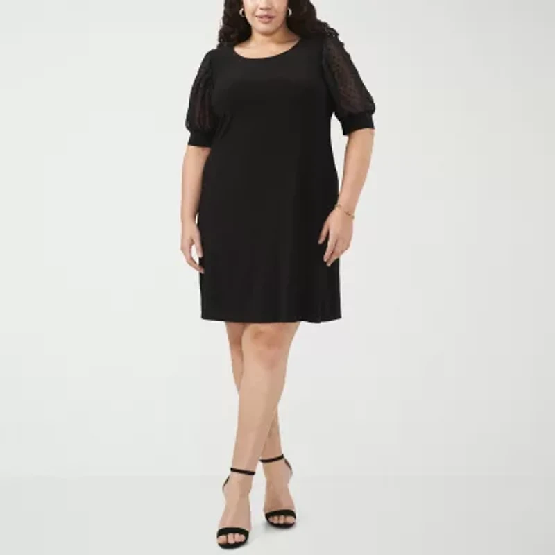 MSK Womens Short Sheer Clipdot Sleeve Shift Dress Plus