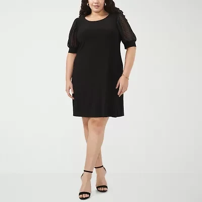 MSK Womens Short Sheer Clipdot Sleeve Shift Dress Plus