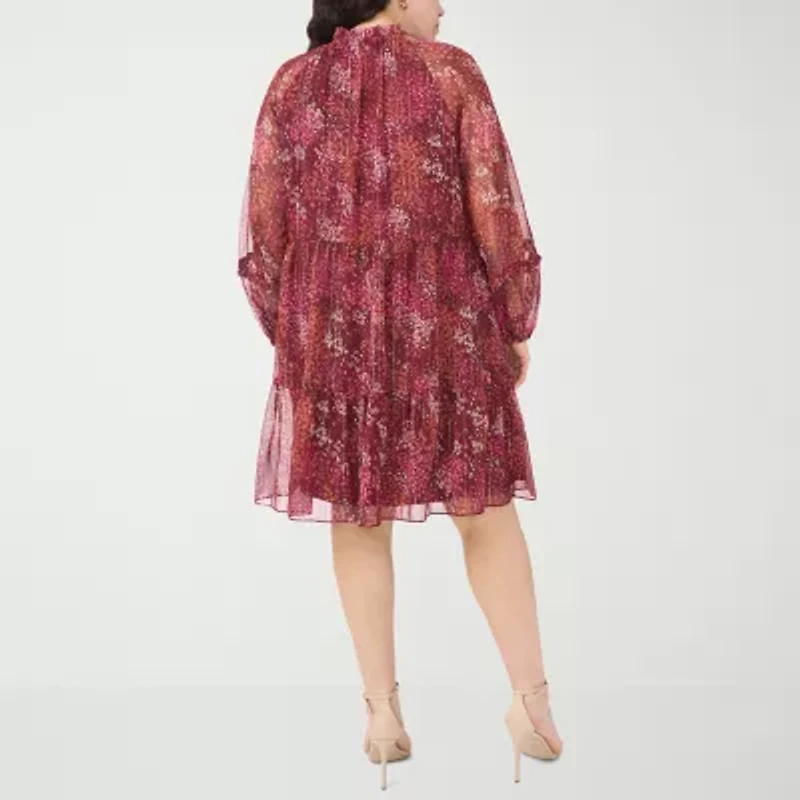 MSK Womens Long Sleeve Floral Babydoll Dress Plus