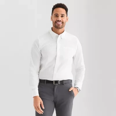 St. John's Bay Poplin Mens Long Sleeve Fitted Slim Fit Button-Down Shirt