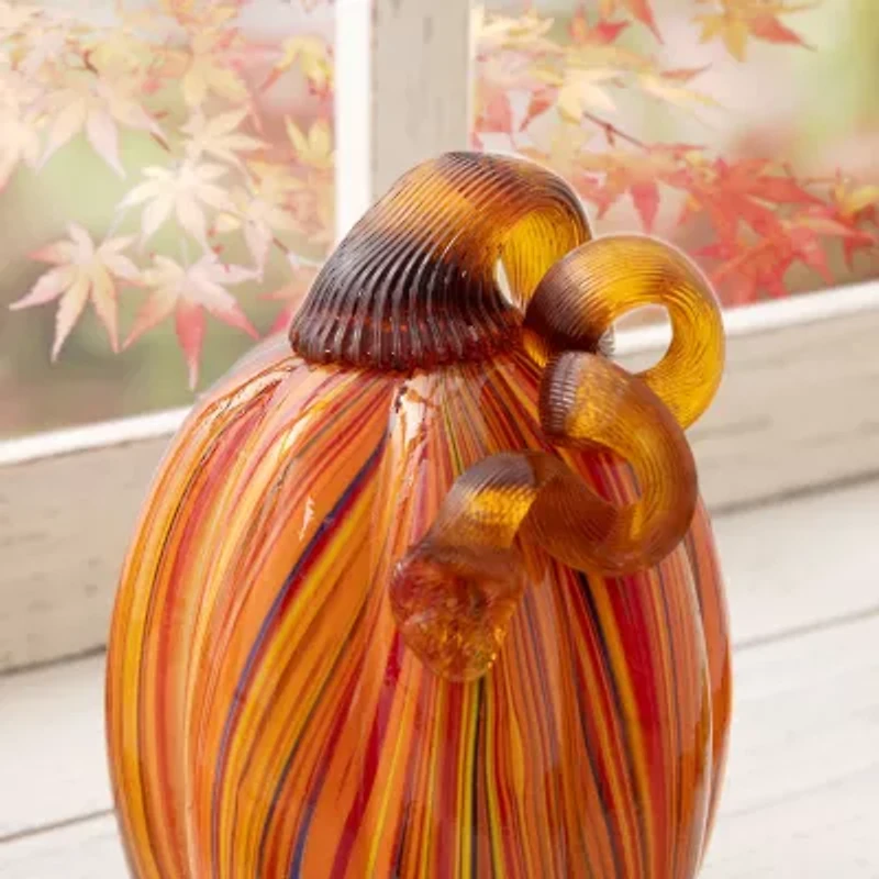 Glitzhome Multi Striped Glass Pumpkin Thanksgiving Tabletop Decor