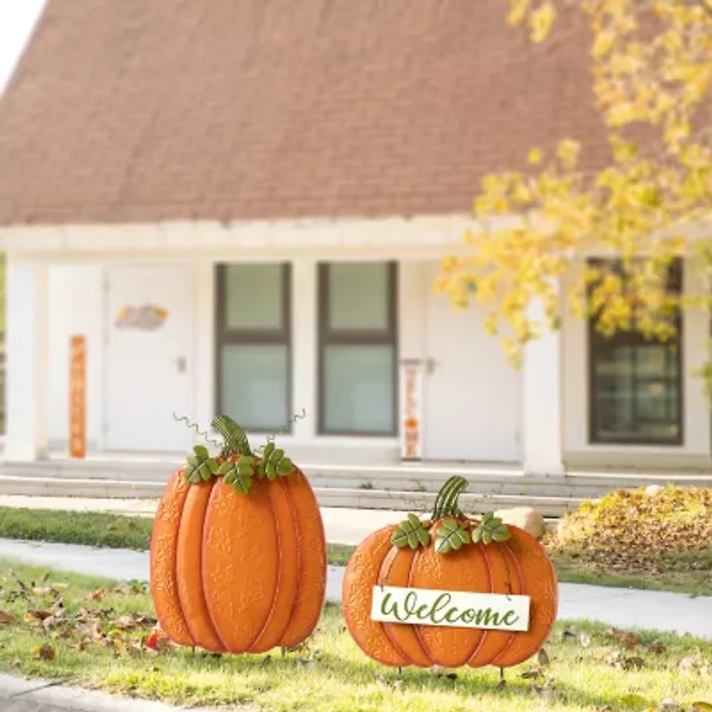 Glitzhome Set Of 2 Fall Metal Pumpkin Yard Stake Thanksgiving Porch Sign