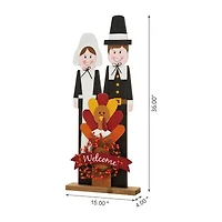 Glitzhome Harvest Wooden Pilgrim Couple Thanksgiving Porch Sign