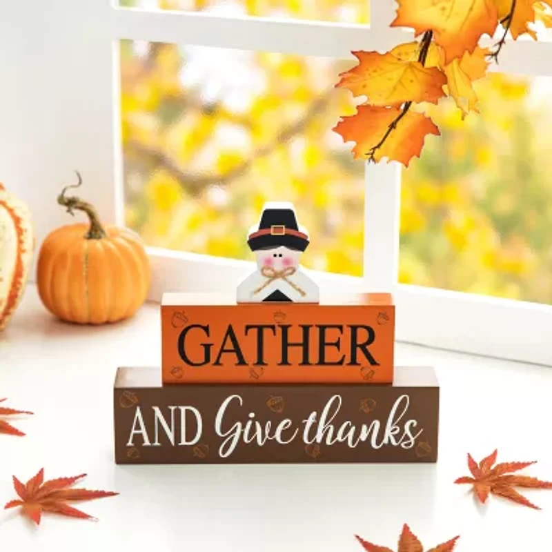 Glitzhome Harvest Wooden Pilgrim Block Sign Thanksgiving Tabletop Decor
