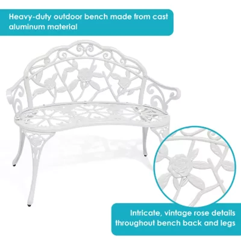 2-Person Cast Aluminum Classic Rose Frame Patio Bench