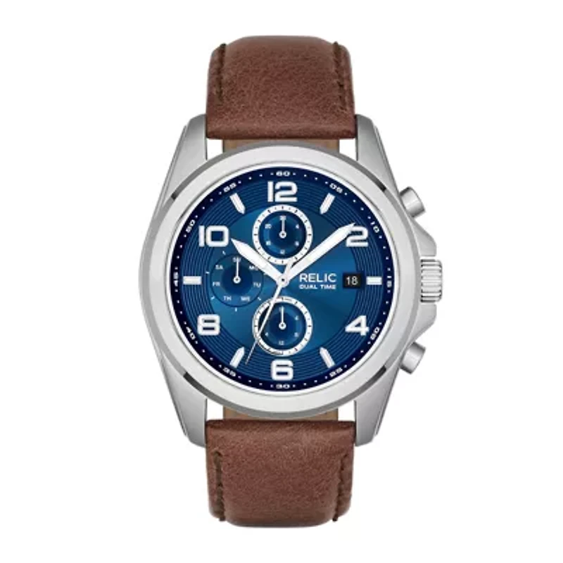 Relic By Fossil Mens Multi-Function Brown Leather Strap Watch Zr15794