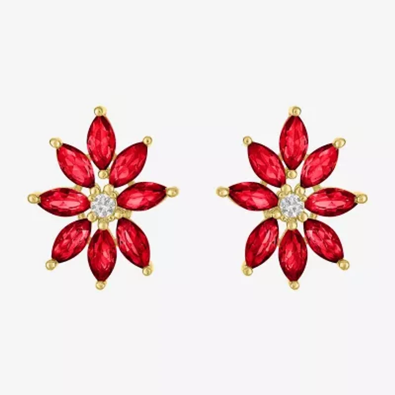 Lab Created Red Ruby 14K Gold Over Silver 16mm Flower Stud Earrings