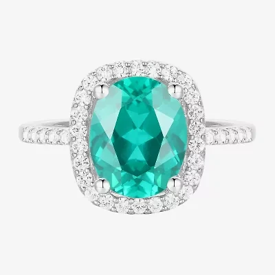 Womens Lab Created Green Yttrium Aluminum Garnet Sterling Silver Oval Halo Cocktail Ring