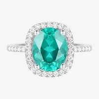 Womens Lab Created Green Yttrium Aluminum Garnet Sterling Silver Oval Halo Cocktail Ring