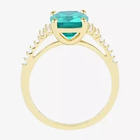 Womens Lab Created Green Yttrium Aluminum Garnet 14K Gold Over Silver Cushion Side Stone Cocktail Ring