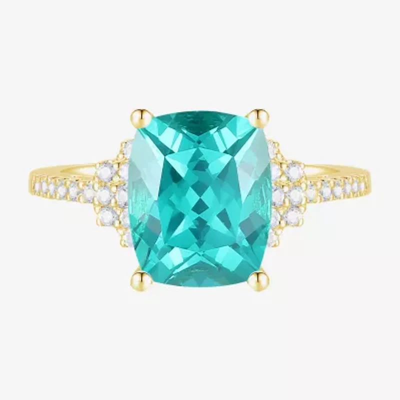 Womens Lab Created Green Yttrium Aluminum Garnet 14K Gold Over Silver Cushion Side Stone Cocktail Ring